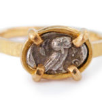 Ancient Greek owl coin set in 18 karat gold