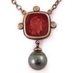 Antique intaglia, rose cut diamonds and Tahitian black pearl set in sterling silver