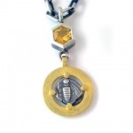 Ancient Greek coin and hexagonal shape citrine set in 18 kt. gold and sterling silver