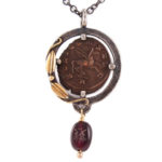 Ancient Roman Pegasus coin and Roman carved carnelian bead depicting a bee in sterling silver with 18 karat gold accents
