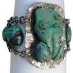 Antique stone frog and scarabs worked into sterling silver bracelet