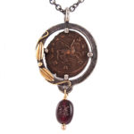 Ancient Roman coin and carnelian carved with a bee in sterling silver and 18 karat gold