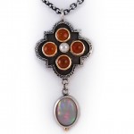 Opal, Mexican fire opal and pearl set in 18 kt. gold and sterling silver