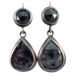 Black rose cut diamonds and grey and black marbled rose cut pear shape diamonds set in 18 kt white gold alloyed with palladium