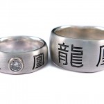 Brilliant cut diamond set in sterling sliver ring with hand engraved Chinese characters