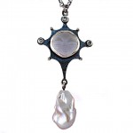 Carved quartz moon face, rose cut diamonds and freshwater pearl drop set in sterling silver